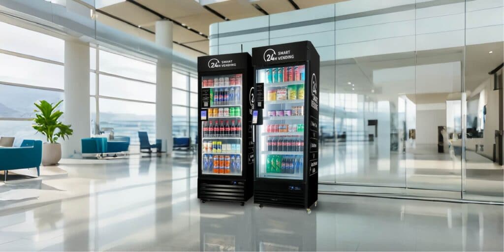 Two black smart vending machines stocked with drinks and snacks in a bright, modern lobby.