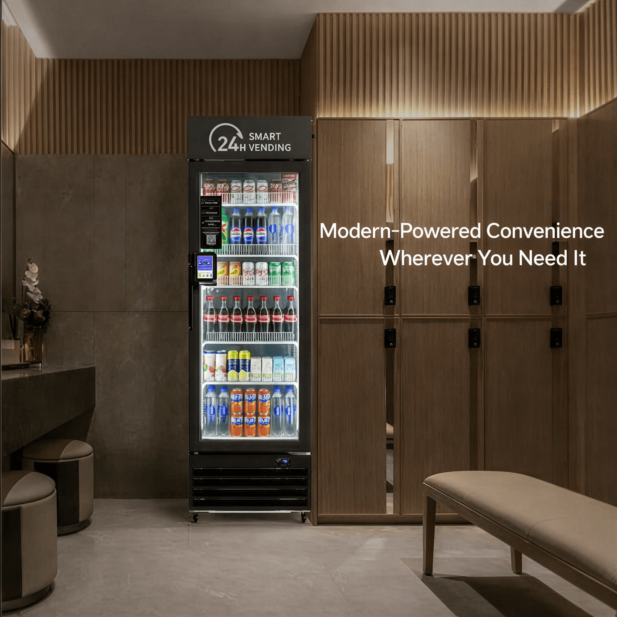 Modern smart vending machine filled with beverages in a sleek, wood-paneled locker room setting.